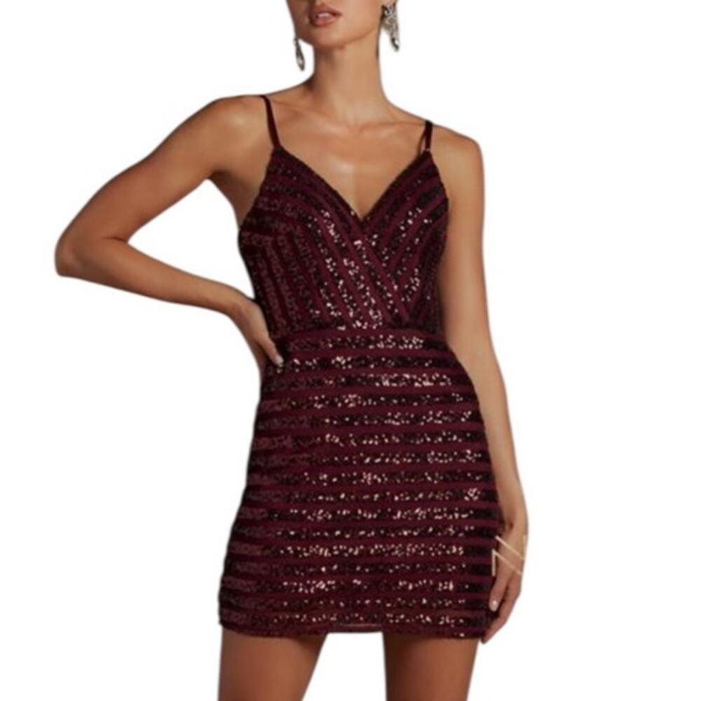 Nox Anabel Sequined Striped Cocktail Prom Occasion Dress Burgundy Size 4 NEW